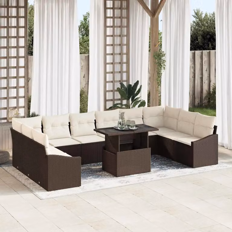Set Divano da Giardino vidaXL 11 Pezzi in Polyrattan Marrone e Beige con Tavolino e Cuscini
