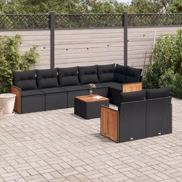 Set Divani da Giardino 9 pz con Cuscini Nero in Polyrattan 3227833