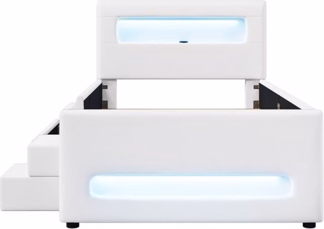 Letto piattaforma imbottito bianco 90x200 cm con scala, cassetti, LED, USB e tasche portaoggetti