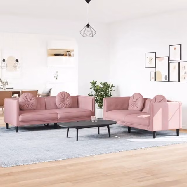Set di 2 divani moderni vidaXL in velluto rosa con cuscini inclusi – 1
