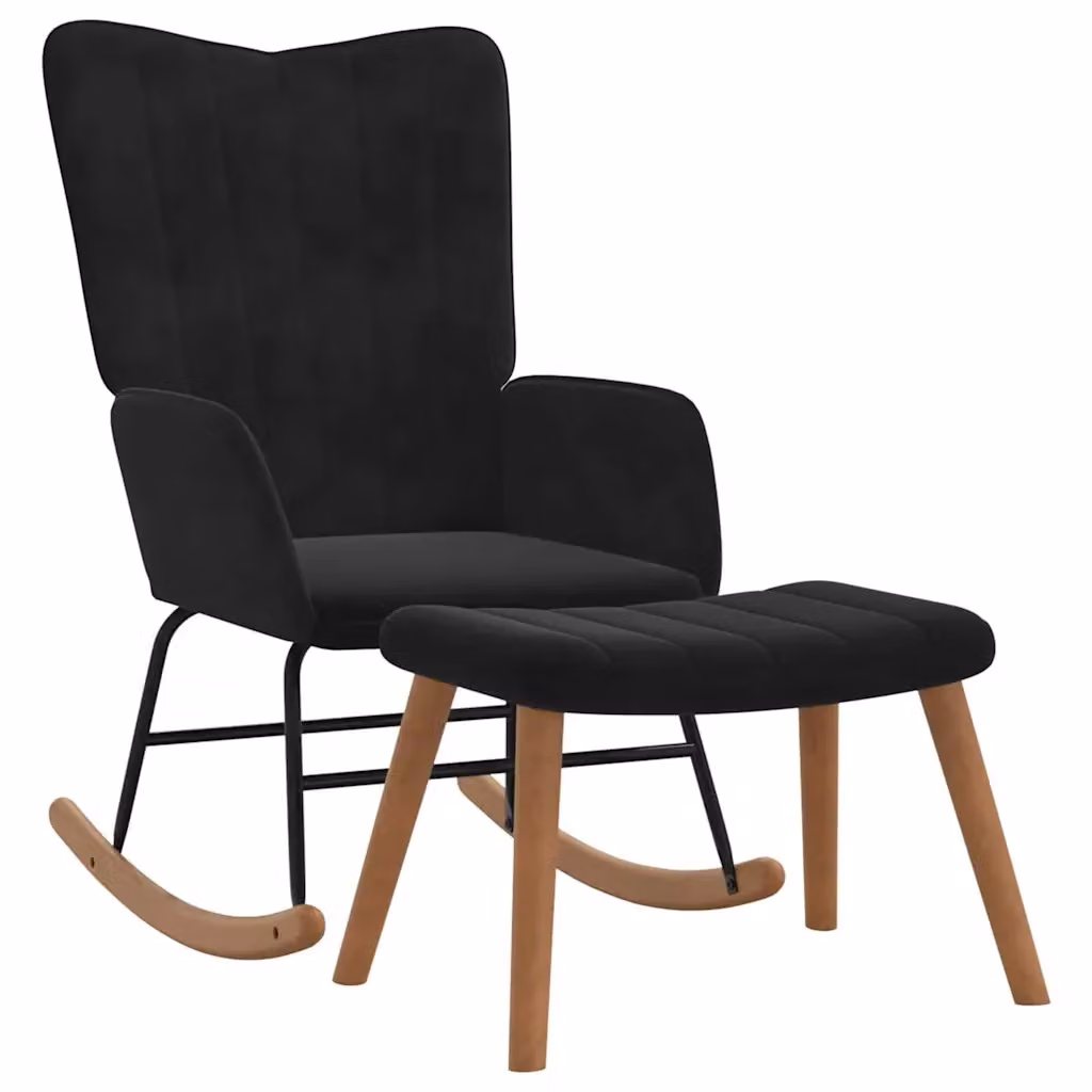 Poltrona a dondolo relax con poggiapiedi in velluto nero e struttura moderna – 2