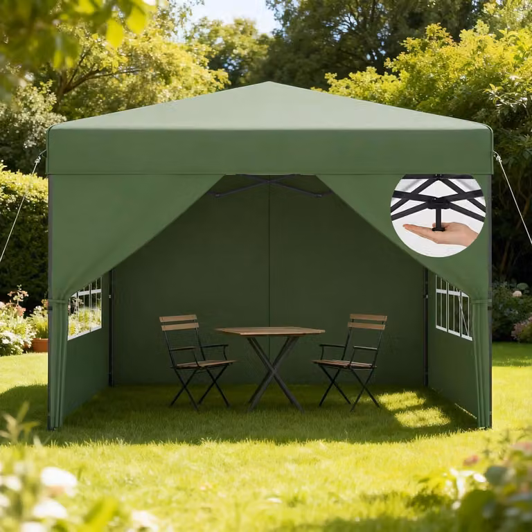 Gazebo pop-up 3x3 metri, impermeabile, con protezione UV, dotato di pareti laterali, colore verde, altezza regolabile da 240 a 260 cm
