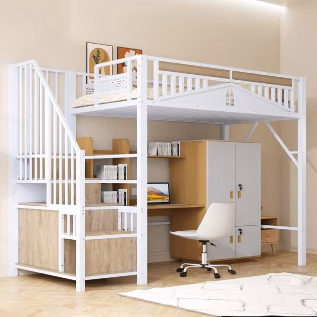 Letto a soppalco singolo OKWISH bianco con scale contenitori e armadietto L/P/H: 200 x 90 x 170 cm