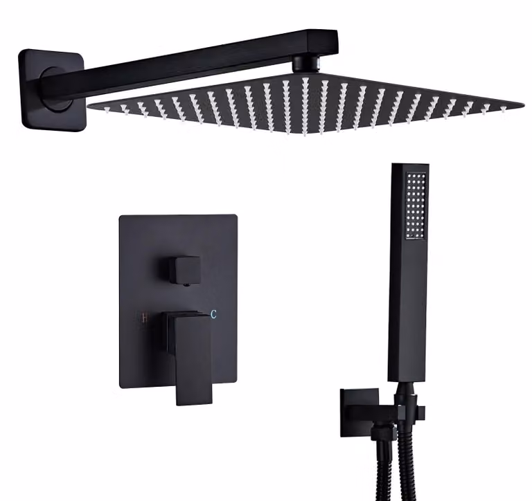 Set doccia da incasso, colore nero opaco, 30 cm, forma rettangolare, montaggio a parete