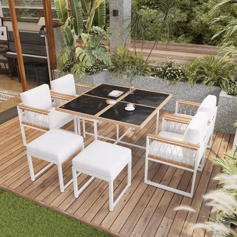 Set da giardino STILVORA per balcone, composto da 7 pezzi per 6 persone. Set di sedute in legno di acacia con cuscini per seduta e schienale, colore legno e bianco