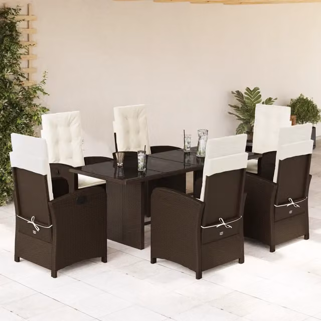 Set da pranzo da giardino vidaXL in polyrattan marrone con 7 pezzi e piano in vetro