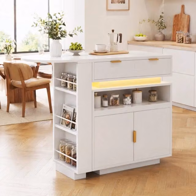 Tavolo Bar Estensibile con Illuminazione LED, Ripiani e Rotazione 360°, MDF Bianco, 115-183×40×99,5 cm