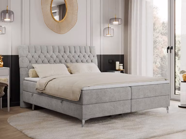 Letto boxspring 180x200 con 2 contenitori, materasso e topper, letto imbottito 180x200, letto 180x200 - MILEN - 180x200 cm - Grigio chiaro - Struttura - H3
