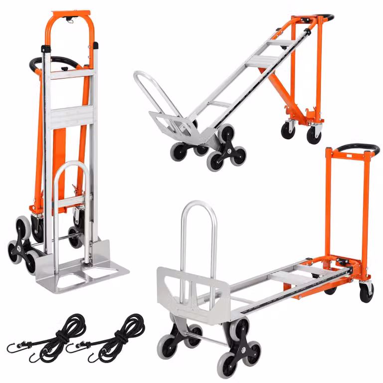 Carrello pieghevole 3 in 1 – Carrello per il trasporto su scale – Capacità di carico: 350 kg – Ruote fisse – Alluminio – Arancione e argento