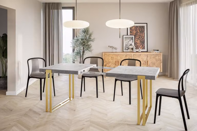 Tavolo da pranzo rettangolare Rosa, tavolo da salotto moderno 140x80x77 cm, grigio chiaro con gambe in metallo dorato