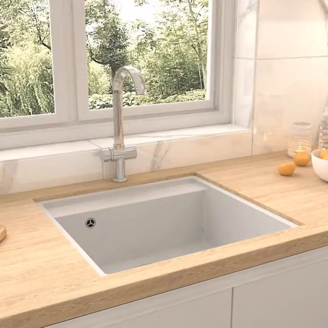 Lavello da cucina in granito bianco con foro troppopieno vidaXL L/P/H: 53,0 x 50,0 x 20,3 cm