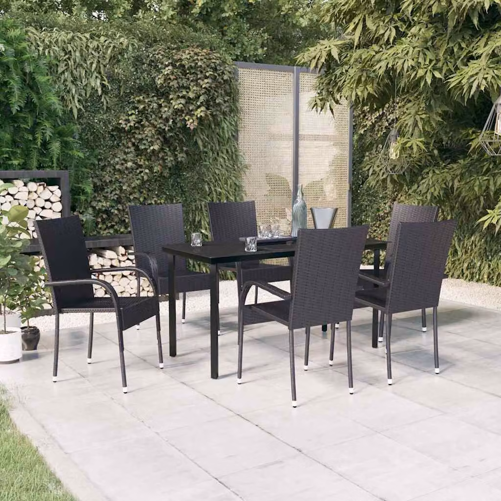 Set da pranzo da giardino vidaXL in polyrattan nero con tavolo in vetro, 7 pezzi
