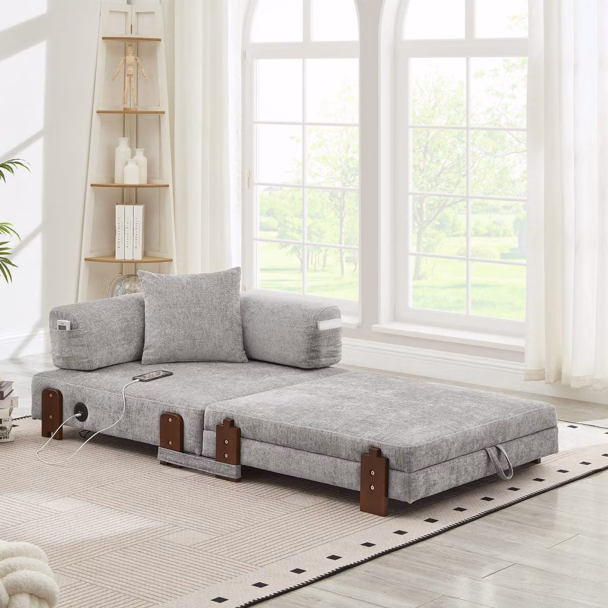 Divano pieghevole 2-in-1 con funzione letto, porta USB e porta Type C, e spazio contenitore. Divano letto compatto con braccioli, ideale per piccoli spazi, camere per ospiti e loft - Grigio chiaro