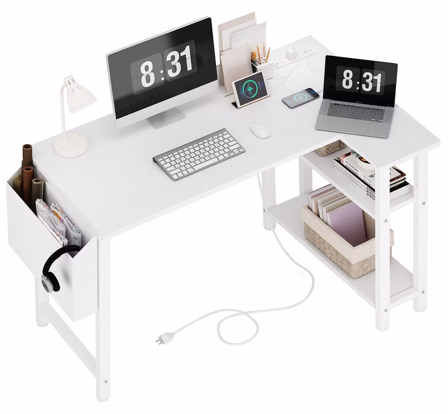 Scrivania a L, bianca - Altezza: 74,9 cm - Larghezza: 100,1 cm - Acciaio rivestito - Ideale per l'ufficio domestico e il gaming