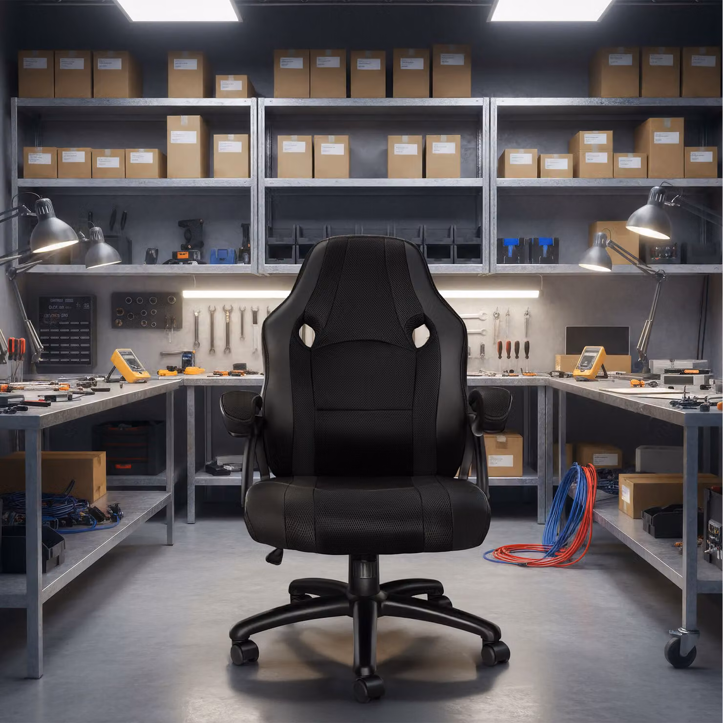 Sedia da gaming Tectake nera in ecopelle e tessuto con ruote e braccioli – 2