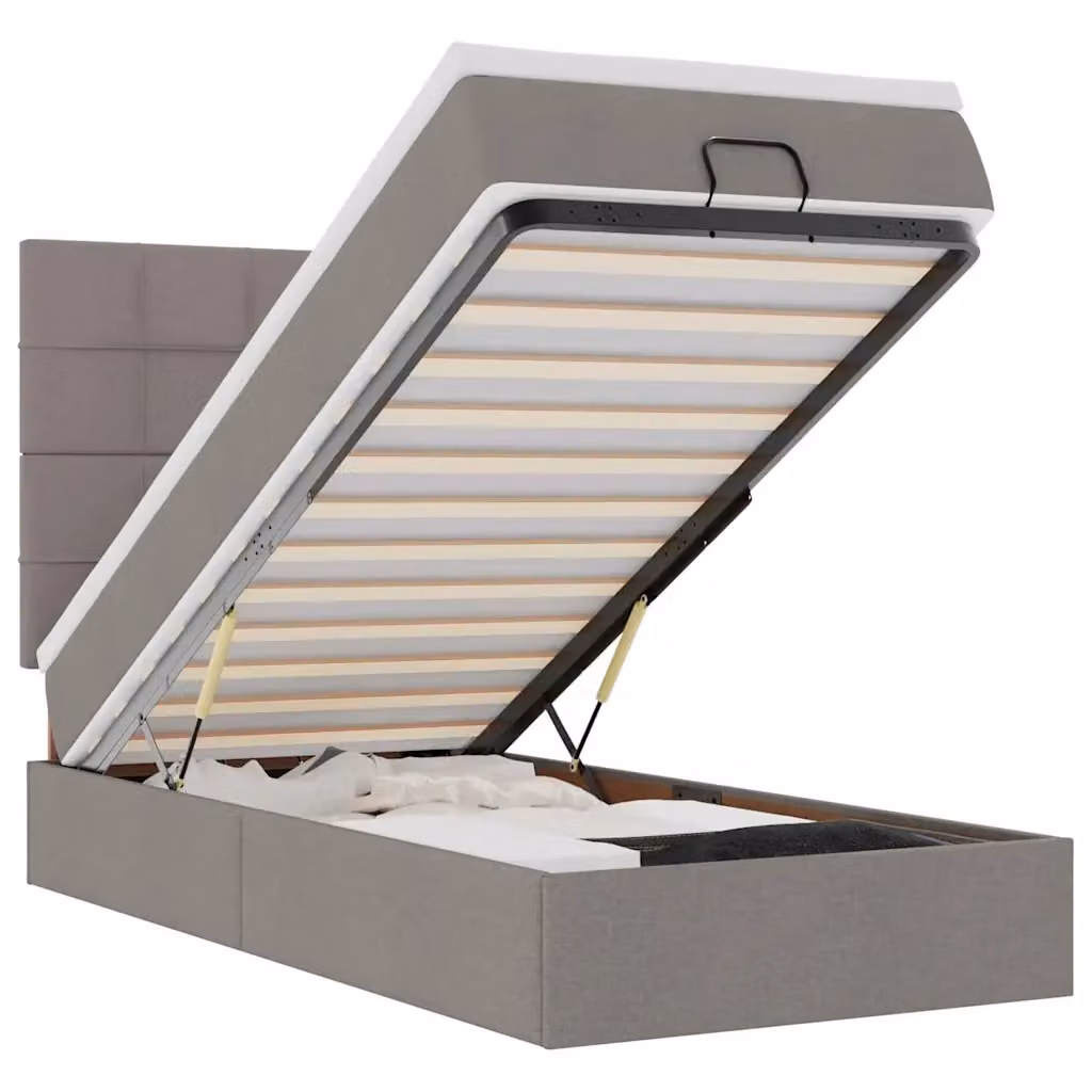 Letto con base contenitore a sollevamento vidaXL in tessuto beige e grigio con illuminazione sottostante e porta USB, L 203 cm x P 140 cm x H 80 cm – 2