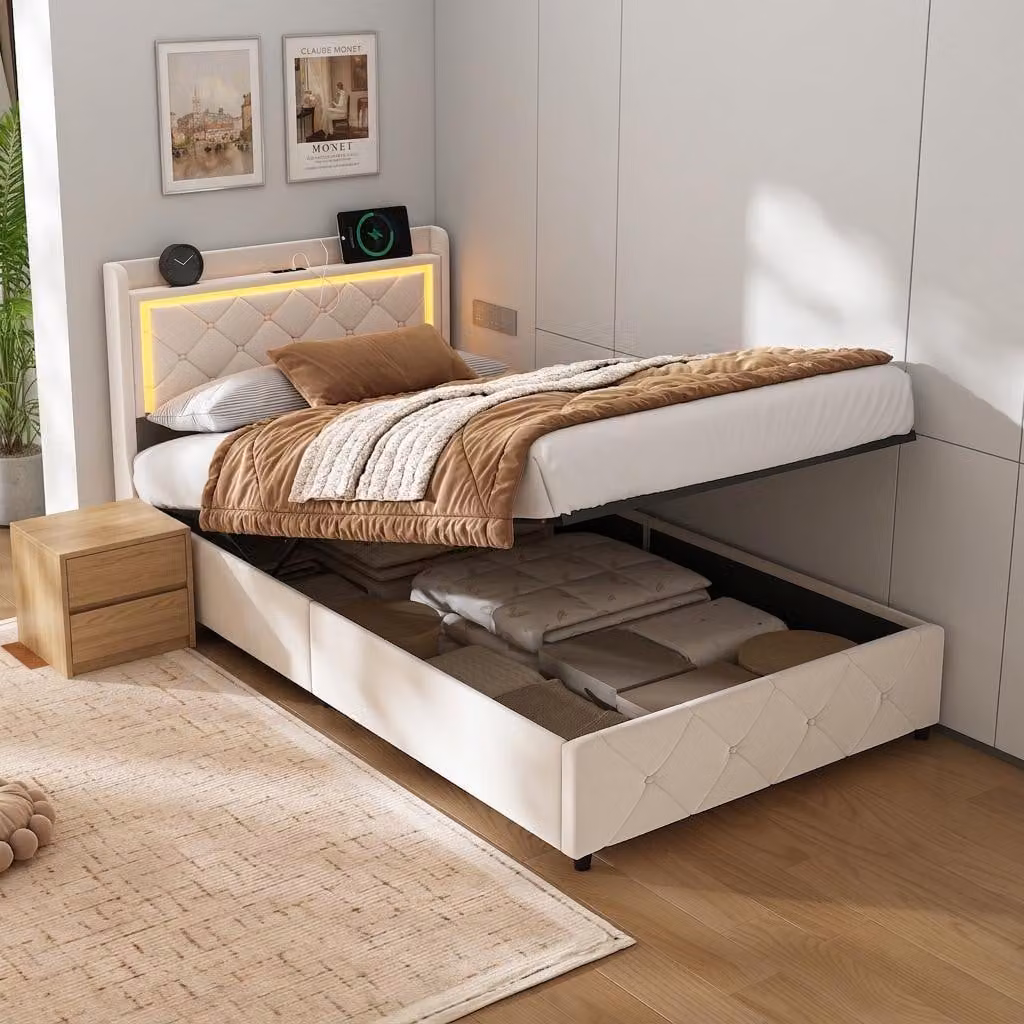 Letto imbottito INONEFT, modello boxspring, 90x200 cm, con LED e USB, letto singolo per bambini con rete a doghe/vano contenitore, letto con sistema di sollevamento idraulico, rivestito in velluto, colore beige