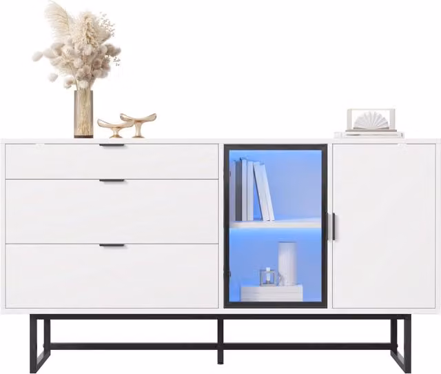 Sideboard moderno con vetrina, 3 cassetti, ante in vetro e striscia LED, bianco