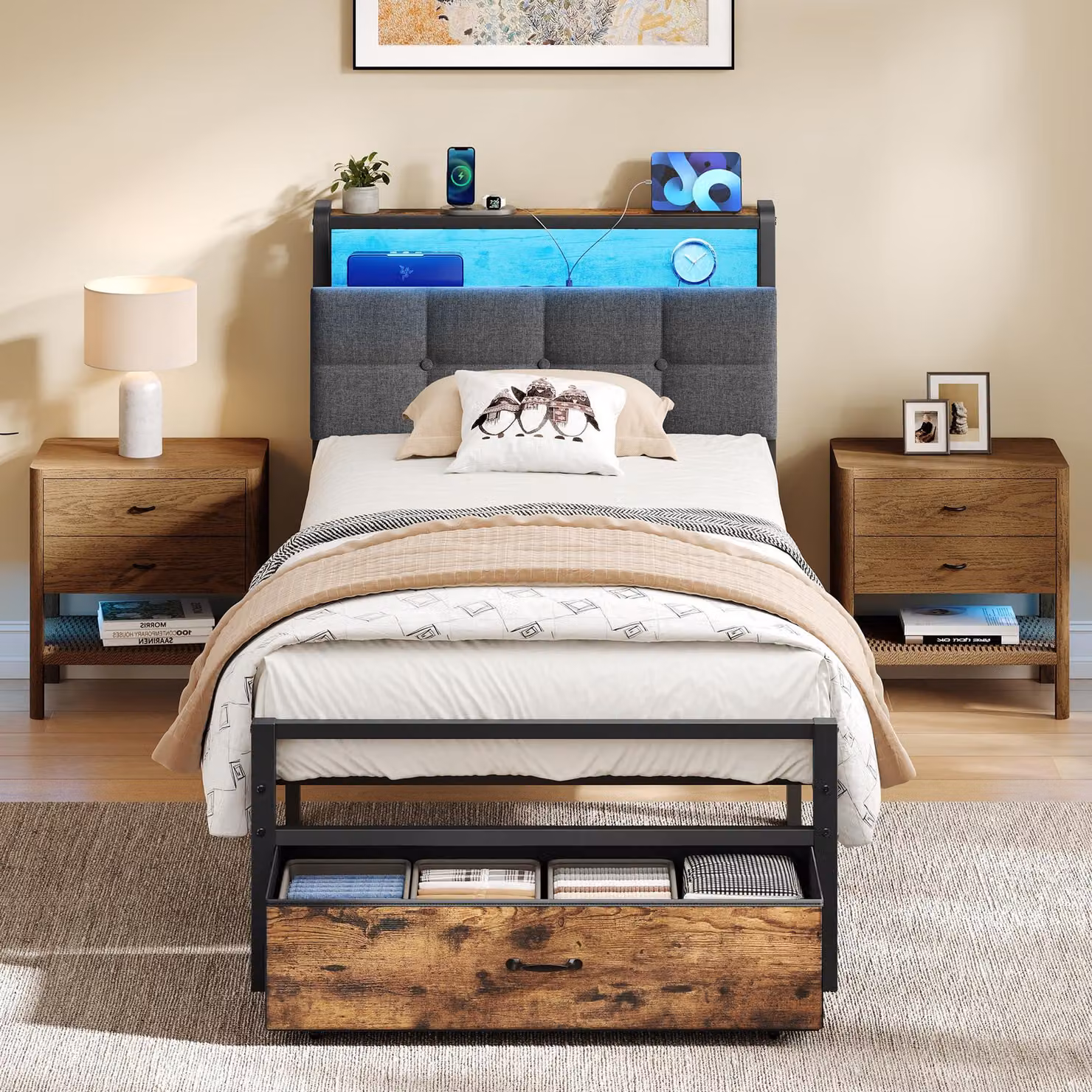 Letto VASAGLE con 1 cassetto, dimensioni 90 x 200 cm, illuminazione LED e base di ricarica