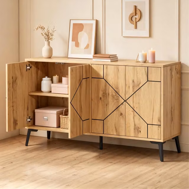 Credenza moderna MODFU beige con design geometrico e finitura opaca, L: 120 cm, P: 35 cm, H: 69 cm