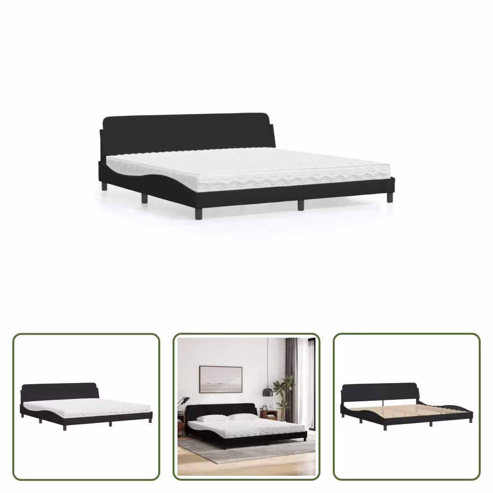 The Living Store Letto con materasso nero 200x200 cm in tessuto