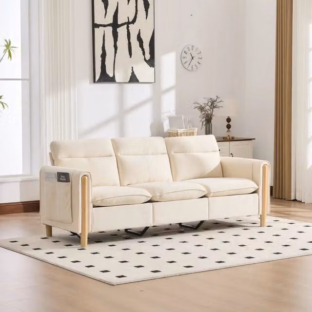 Divano angolare a 3 posti Mivray in tessuto beige con chaise longue reversibile e pouf coordinato in stile scandinavo L 201 x P 86 x H 77 cm