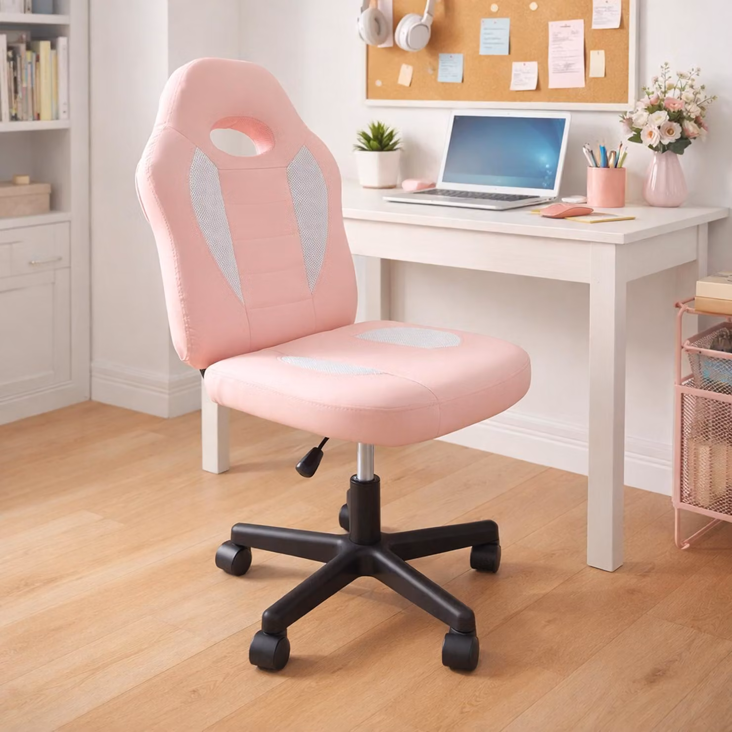 Sedia da scrivania regolabile in altezza, con rotazione a 360°, colore rosa e bianco