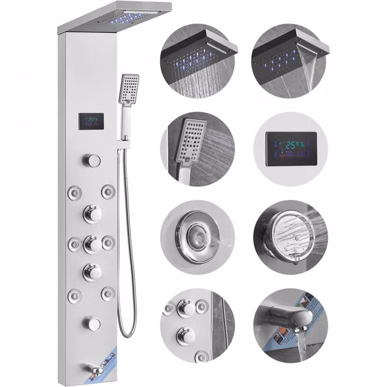 Sistema di pannelli doccia ''LuxeRain'' - 6 modalità di doccia - torre di pannelli doccia a LED e schermo d'acqua - pioggia/cascata - 8 getti massaggianti - bocca da bagno - doccetta - set doccia a parete in acciaio inox.