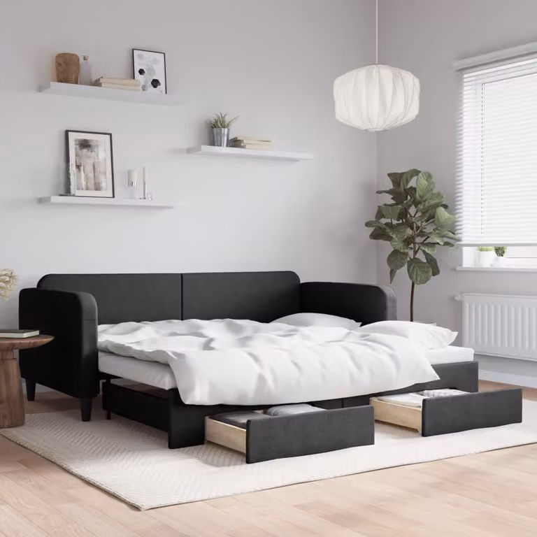 vidaXL Divano Letto Estraibile con Cassetti in Tessuto Nero L/P/H: 190 x 90 x 75 cm