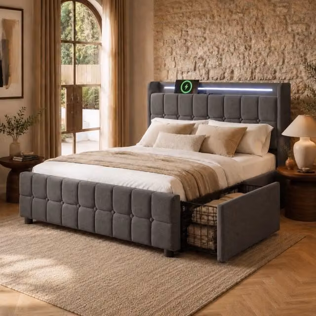 Letto Mivray moderno con 4 cassetti, illuminazione LED, prese USB e struttura in metallo, colore grigio, L/P/H: 140 x 200 cm – 1