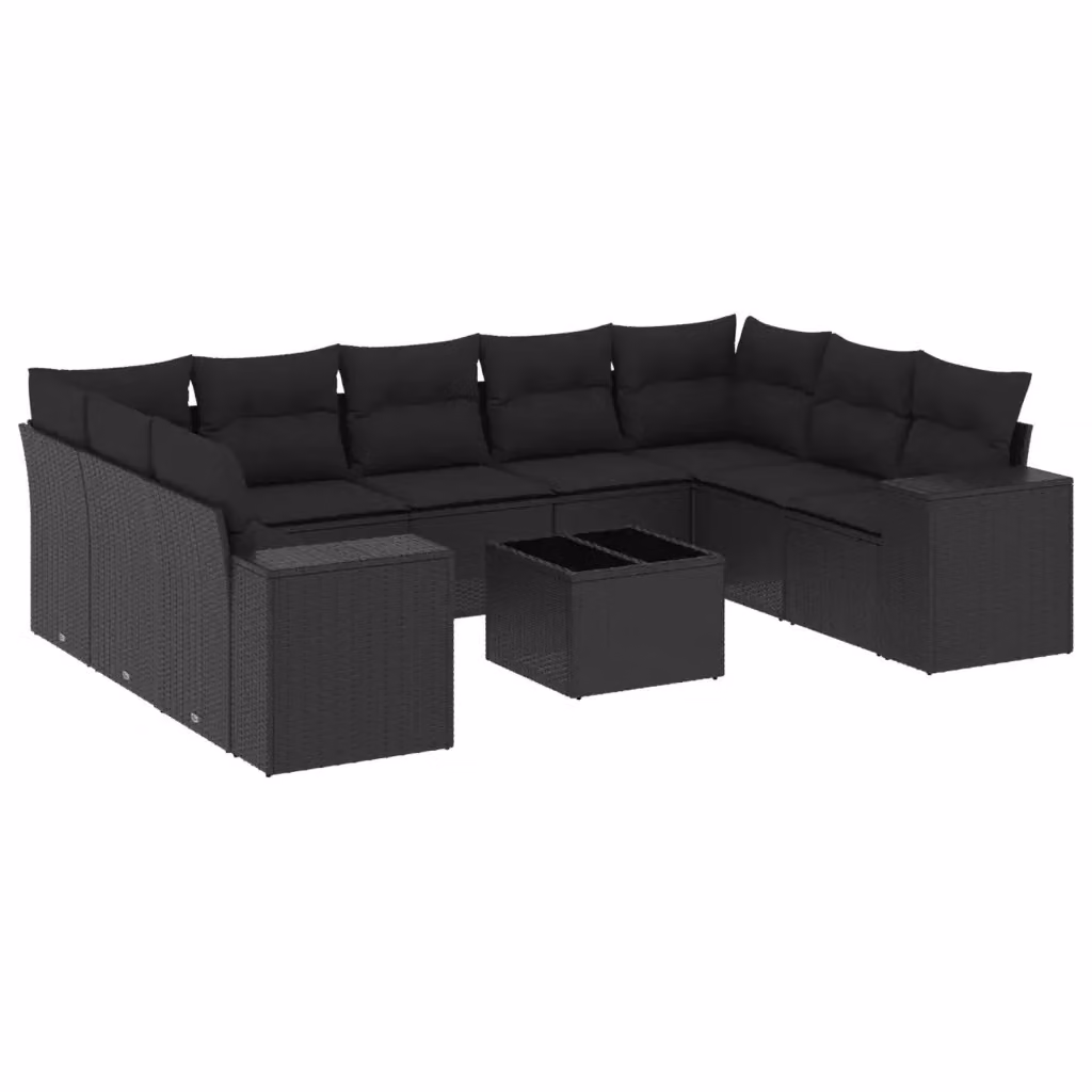 vidaXL Set Divani da Giardino a L 10 Pezzi in Polyrattan Nero con Cuscini e Tavolino – 2