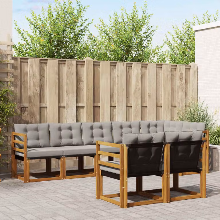 vidaXL Set di divani da esterno a L composto da 8 pezzi in legno di acacia e tessuto textilene, colori beige, grigio e marrone