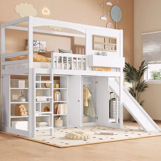 Letto a castello per bambini REDOM con scivolo, armadio e scomparti laterali, bianco, L/P/H: 200 x 90 x 109 cm