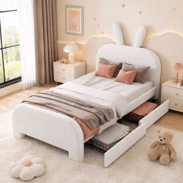 Letto per bambini Mivray con cassetti e testiera imbottita in tessuto bouclé bianco, L/P/H: 90 x 200 x 111 cm