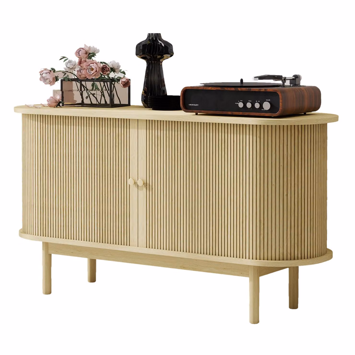 AIORBER Credenza retrò in legno, cassettiera a doghe con ante scorrevoli e gambe in legno di pino, mobile da 138 cm con ripiani regolabili, legno naturale
