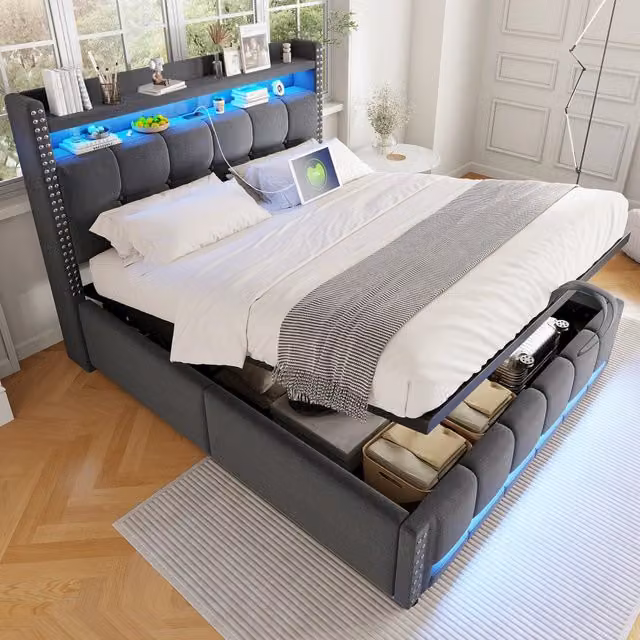 Letto matrimoniale imbottito 140×200 cm con LED, USB, mensole e vano idraulico, senza materasso, grigio