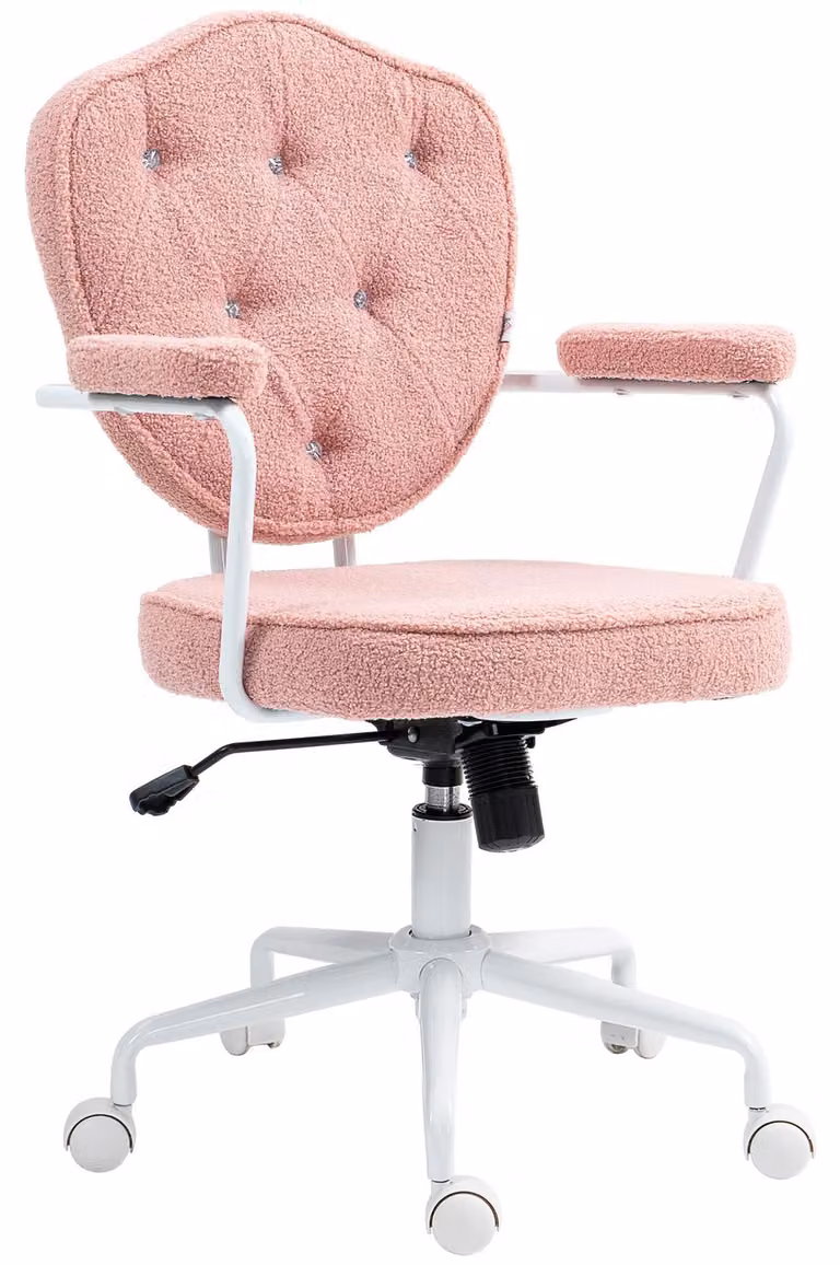 Sedia da ufficio - Sedia ergonomica per scrivania - Funzione basculante - Regolabile in altezza - Girevole - Rivestimento trapuntato - Tessuto in pile effetto peluche - Rosa