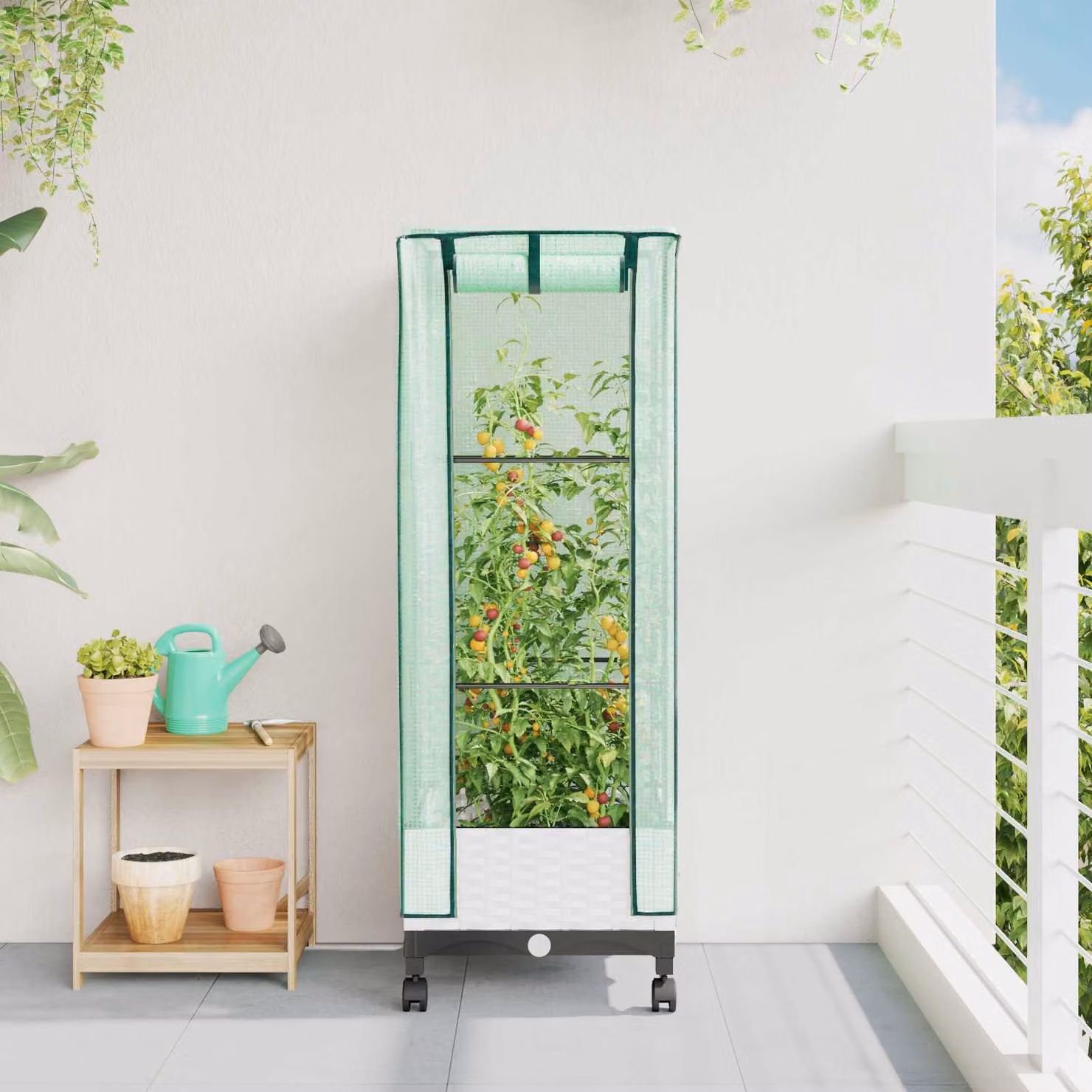 vidaXL Vaso da Giardino con Copertura per Serra e Ruote, Bianco e Verde, in Plastica