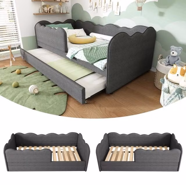 Letto a giorno con letto estraibile Beaok in tessuto grigio con struttura in metallo L/P/H: 197 x 90 x 150 cm
