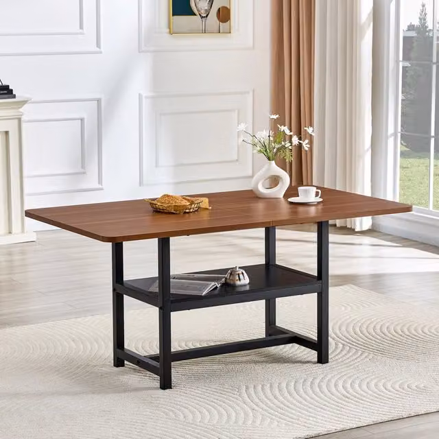 Tavolo da pranzo rettangolare moderno Mivray con piano in MDF laminato marrone e struttura in metallo nero per cucina e sala da pranzo
