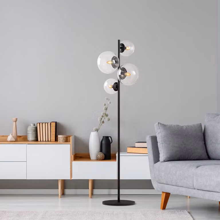 Opviq, lampada da terra di alta qualità, struttura in metallo, nera, 33 x 33 x 162 cm | 4 attacchi E14, max. 40 W | 2 paralumi in vetro (20 cm e 15 cm) | Design moderno e industriale adatto a qualsiasi ambiente.