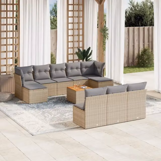 vidaXL Set Divano da Giardino 11 pz a L in Polyrattan con Cuscini Beige e Grigio e Tavolino da Caffè – 1