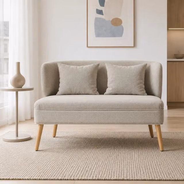 Divano 2 posti 117x65x78,5 cm beige – schienale avvolgente, tessuto ciniglia, gambe in legno