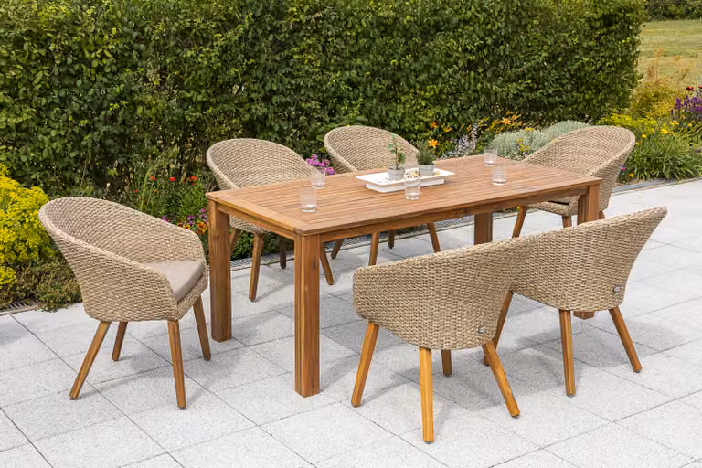 Set di mobili da giardino Merxx "Arrone" 7 pezzi - Struttura in alluminio con intreccio in plastica color canna/naturale e acacia, cuscini inclusi - 50438-255