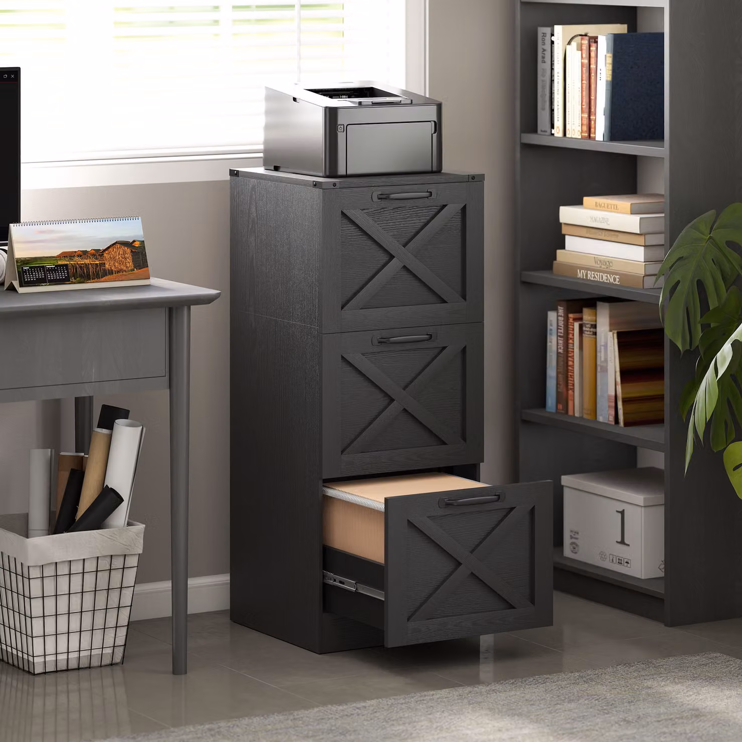 Cassettiera da ufficio HOMCOM con 3 cassetti per cartelle A4, colore nero, L 40 cm x P 40 cm x H 101 cm – 2