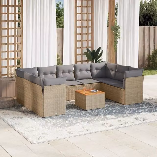 Set Divano da Giardino a L vidaXL in Polyrattan con Cuscini Beige e Grigio e Tavolino da Esterno
