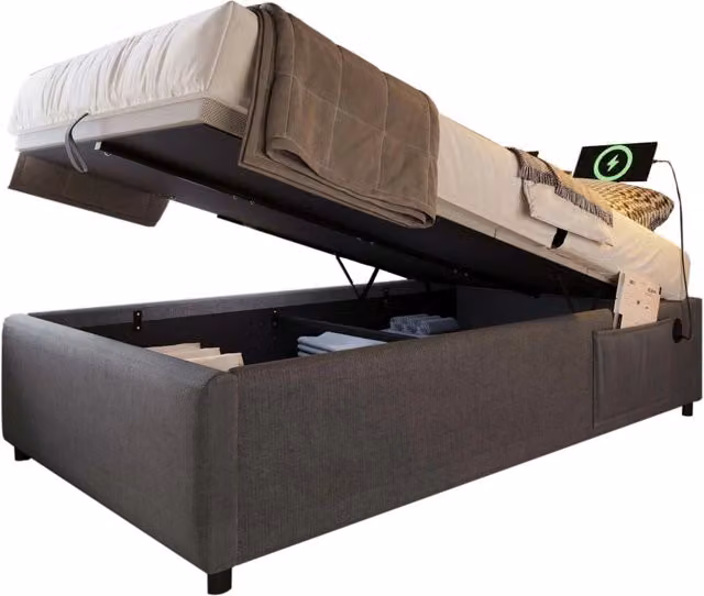 Letto singolo imbottito con contenitore; USB e Type-C; 90x200 cm; grigio; senza testiera