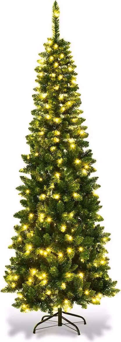 COSTWAY Albero di Natale a matita da 200 cm con luci LED bianco caldo, albero di Natale artificiale con sistema pieghevole e supporto in metallo, albero di Natale con aghi in PVC, albero di Natale artificiale verde
