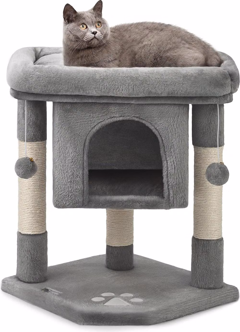 tiragraffi lionto per gatti 60 cm, con grotta di coccole, palline di peluche e robusti paletti in sisal, salvaspazio e moderno, grigio scuro
