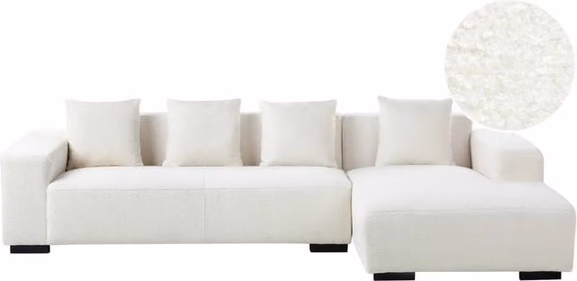 Divano angolare Beliani a 4 posti in tessuto bouclé bianco con forma a L e lato sinistro, stile moderno con cuscini inclusi e coperture rimovibili, L/P/H: 285 x 160 x 88 cm